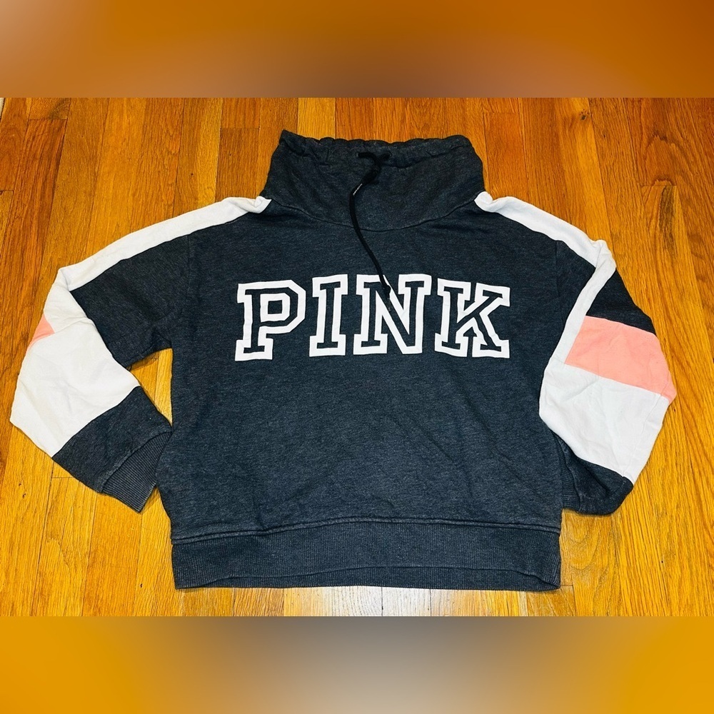 PINK Victoria’s Secret Hoodie Women’s M Gray Colorblock Pullover Sweatshirt
